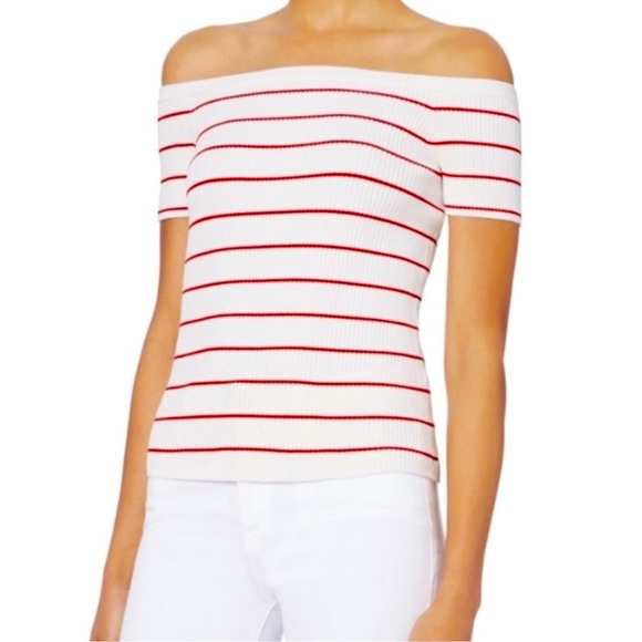 Small INTERMIX short sleeved white with red stripes ribbed knit top - Picture 1 of 4